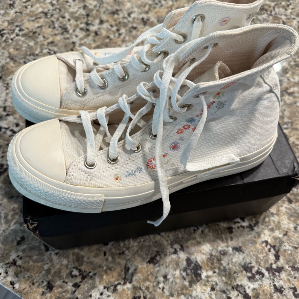 Converse High-Top Sneakers in Cream with Floral Accents